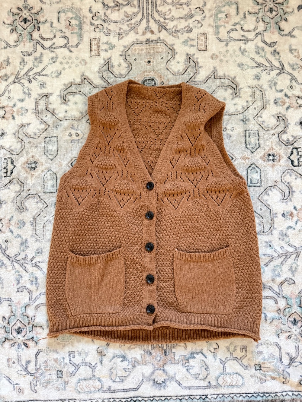 Chunky Vintage Knit Button-Up Vest in Warm Camel